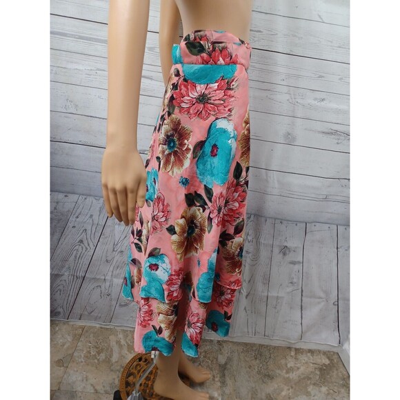 Wrap Skirt Reversible Women Floral Coral Blue Silk Blend Sz M - Picture 3 of 10